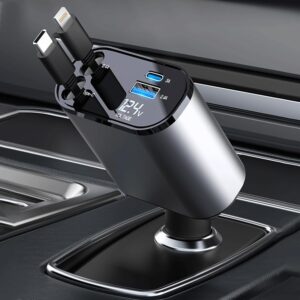 Car Charger 84W - Fast Charging 4-in-1 Adapter with Collapsible Lightning & Type C Cables, Dual USB Ports & Voltage Display - 84W Compatible with iPhone, iPad, Galaxy -Powerfull Output