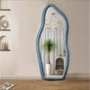 60x160cm Full-Length Wavy Arched Floor Mirror with Flannel-Wrapped Wooden Frame, HD Imaging, Explosion-Proof Glass, Non-Slip Back, Stylish and Durable Full Body Mirror for Bedroom, Living Room, Hallway, and Dressing Room (Beige)