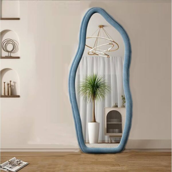 60x160cm Full-Length Wavy Arched Floor Mirror with Flannel-Wrapped Wooden Frame, HD Imaging, Explosion-Proof Glass, Non-Slip Back, Stylish and Durable Full Body Mirror for Bedroom, Living Room, Hallway, and Dressing Room (Beige)