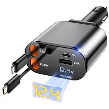 Car Charger 84W - Fast Charging 4-in-1 Adapter with Collapsible Lightning & Type C Cables, Dual USB Ports & Voltage Display - 84W Compatible with iPhone, iPad, Galaxy -Powerfull Output