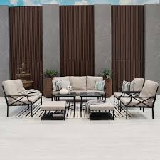 Aston 9 Seater Outdoor Sofa Set Aluminum Frame Garden Furniture Modern Design Lounge Sofa Sets 4 Pieces Outdoor Seating Table And Chairs Set For Patio Balcony Lawn Yard Beige